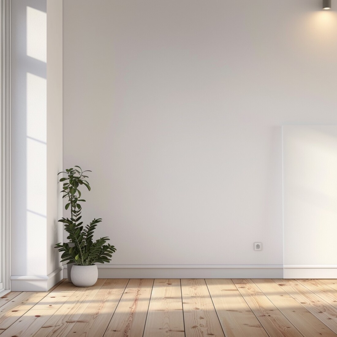 Sala com piso laminado e rodapé branco
